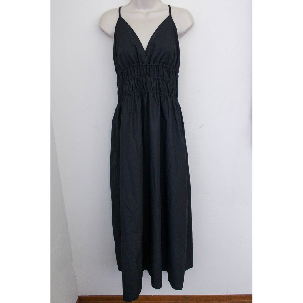Commense Maxi Dress XL Black Smocked Elastic Waist Open Tie Back Sundress Lounge
